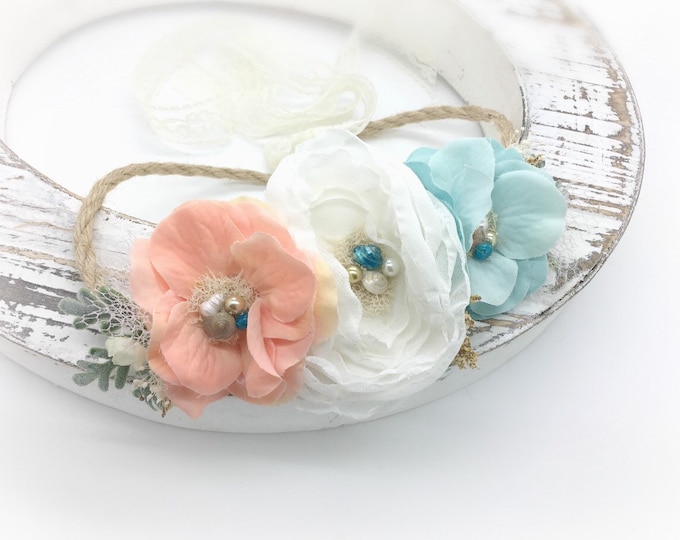 Boho Beach Headband - Tieback Flower Crown - Flower girl crown - Beach Wedding Headband - Girls Beach Headband