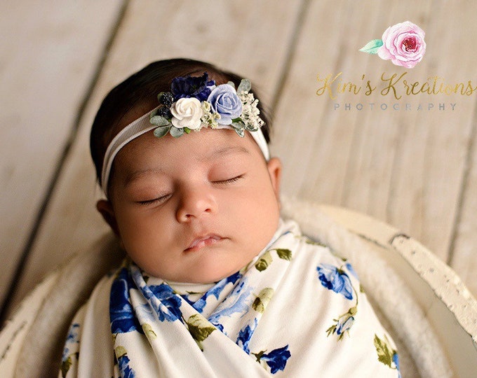 Blue Baby Headband - Girls Headband - Newborn Flower Crown - Flower Girl Headband - Wedding Headband - Flower Crown