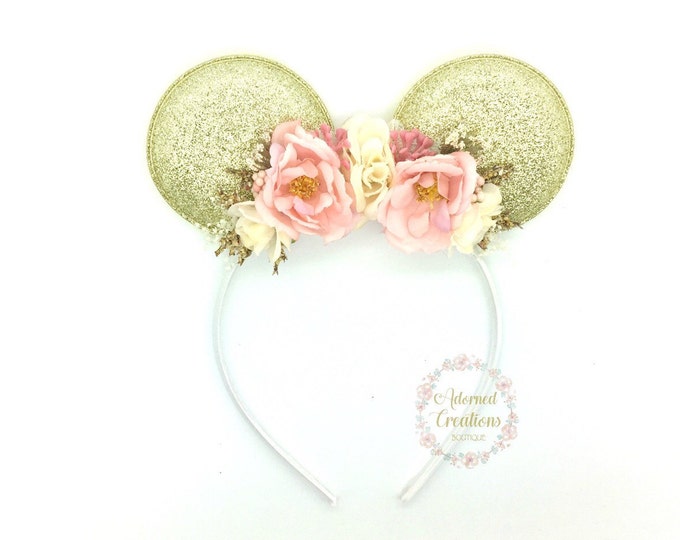 Pink and Gold Mouse Ears headband - Mouse Headband - Flower Crown - Birthday Headband - Theme Park Headband