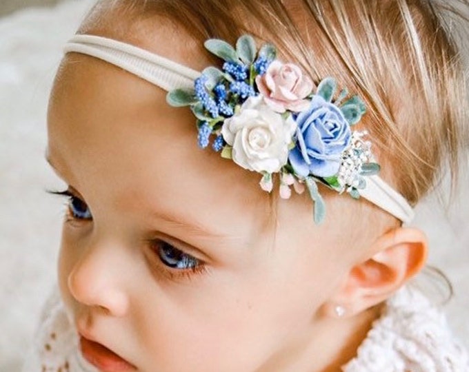 Blush Pink and Blue Baby Headband - Girls Headband - Newborn Flower Crown - Flower Girl Headband - Wedding Headband - Flower Crown