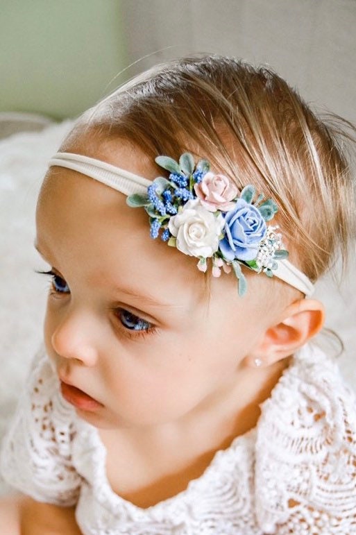 Blush Pink and Blue Baby Headband - Girls Headband - Newborn Flower ...