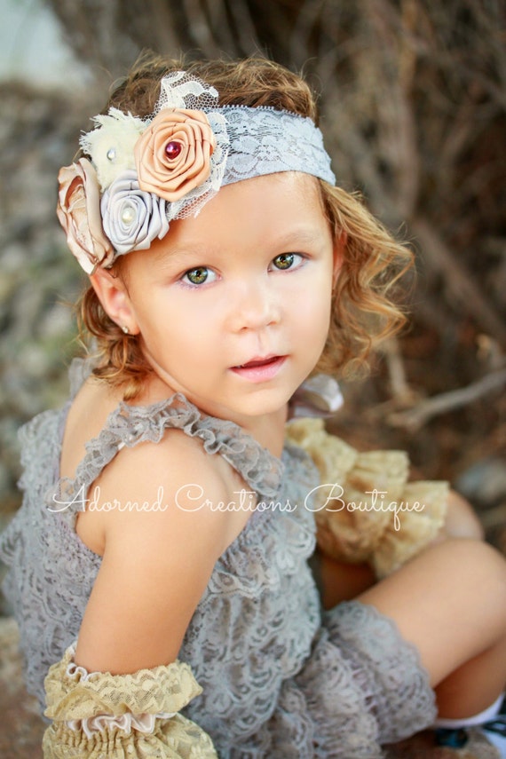 Items similar to Gray Baby Lace Romper and Headband Set baby headband
