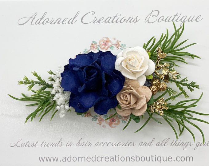 Christmas Hair Clip,Wedding hair clip,Navy and Gold flower Hair clip, Christmas Hair piece,Flower girl hair clip