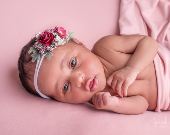 Burgundy vintage pink Baby Headband, Newborn Headband, Nylon Headband, Baby Girls Headband, Newborn Flower Crown, Pink baby headband