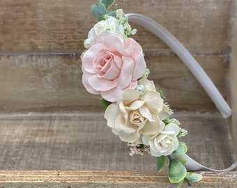 Blush Pink and Ivory Headband,  flower crown, Baby Girl headband, Flower Girl Headband, Wedding Headband, Photography Prop, Maternity Crown