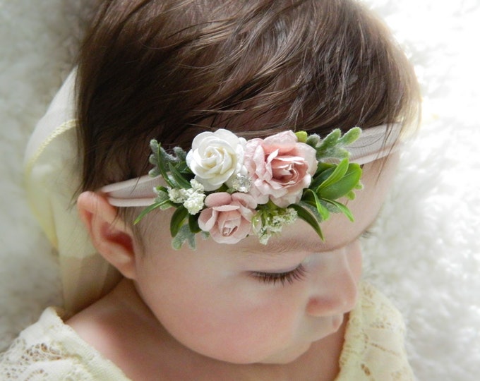 Pink and Ivory Flower Headband, Newborn Flower Crown, Newborn Headband, baby flower headband, Flower girl headband, Flower Crown