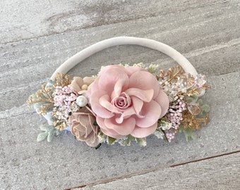 Blush and Gold newborn Headband,  flower crown, Crystal flower girl headpiece, Flower Girl Headband, Wedding Headband,Hair Clip