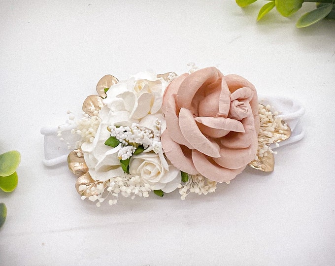 Blush and Gold newborn Headband,  flower crown, flower girl headpiece, Flower Girl Headband, Wedding Headband, Baptism, Christening