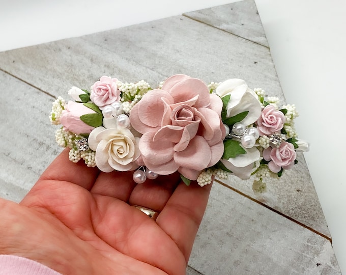 Blush and White  newborn Headband,  flower crown, Pearl flower girl headpiece, Flower Girl Headband, Wedding Headband,Hair Clip