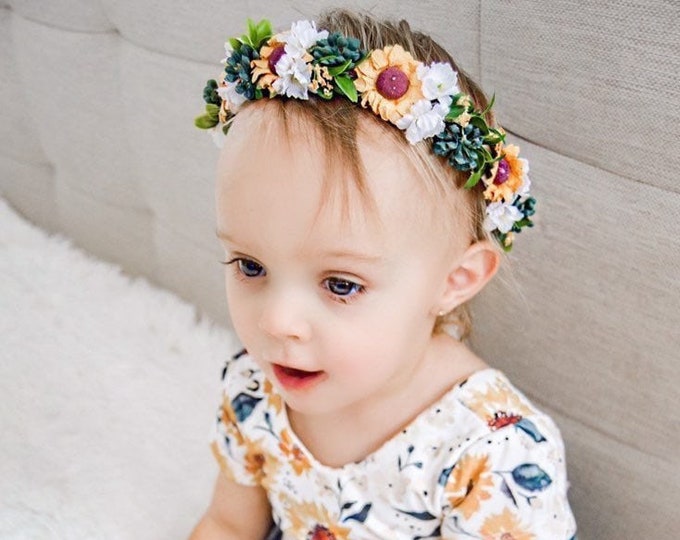 Sunflower flower crown, sunflower bridal headpiece, flower crown, flower girl crown, sunflower halo, Sunflower Headbands