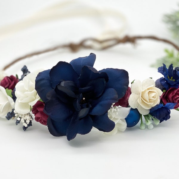Red Cream and Blue Flower Crown , Flower Girl Crown, Patriotic Flower Crown, Halo Flower Crown, Bridal Crown, Maternity Crown, Wedding Crown