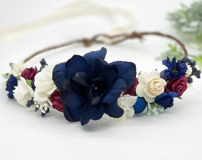 Red Cream and Blue Flower Crown , Flower Girl Crown, Patriotic Flower Crown, Halo Flower Crown, Bridal Crown, Maternity Crown, Wedding Crown