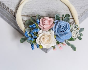 Blush Pink and Blue Baby Headband - Girls Headband - Newborn Flower Crown - Flower Girl Headband - Wedding Headband - Flower Crown