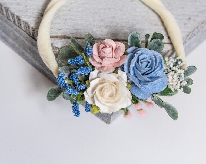 Blush Pink and Blue Baby Headband - Girls Headband - Newborn Flower Crown - Flower Girl Headband - Wedding Headband - Flower Crown