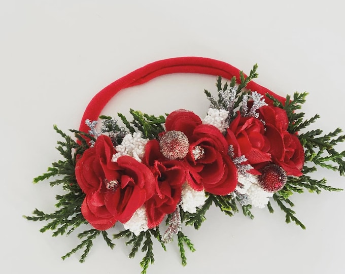 Christmas Baby Headband, Red flower Headband, Christmas newborn Headband, Newborn Photo prop