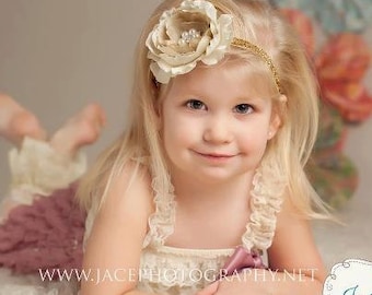 Vintage Beige and Gold Flower Headband, Baby Headband, Girls Headband, Adult Headband