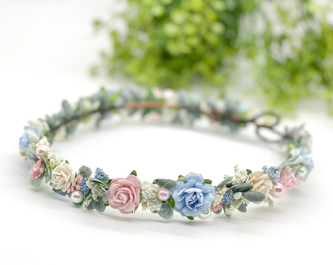 Pink  and Blue Flower Crown, Flower Girl Crown, First Communion Crown, Bridal Crown, Maternity Crown, Wedding Crown, Boho Wedding