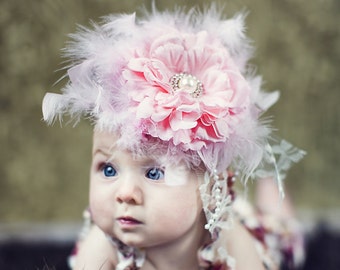 Pink Flower Headband - Baby Flower Headband - Newborn Flower Headband - Baby Feather Headband