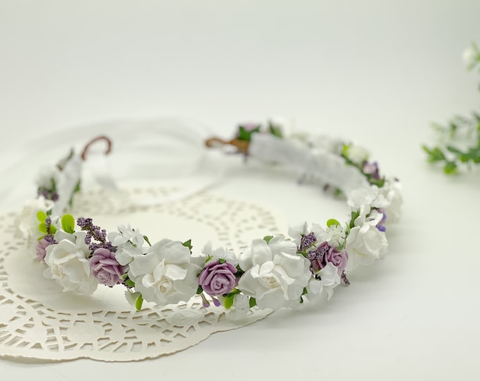 White and Lavender Purple Flower Crown, Flower Girl Crown, Flower Crown,Halo Flower Crown, Bridal Crown, Maternity Crown, Wedding Headpiece