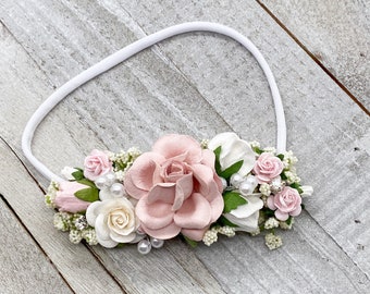 Blush and White  newborn Headband,  flower crown, Pearl flower girl headpiece, Flower Girl Headband, Wedding Headband,Hair Clip
