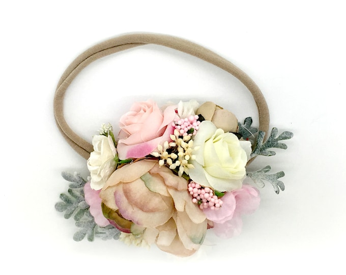 Pink and Beige Flower Headband - Baby Headband - Nylon Headband - Flower girl headband - Birthday Girl Headband