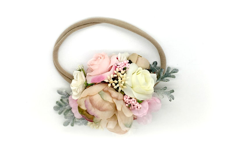 Pink and Beige Flower Headband Baby Headband Nylon Headband Flower girl headband Birthday Girl Headband image 1