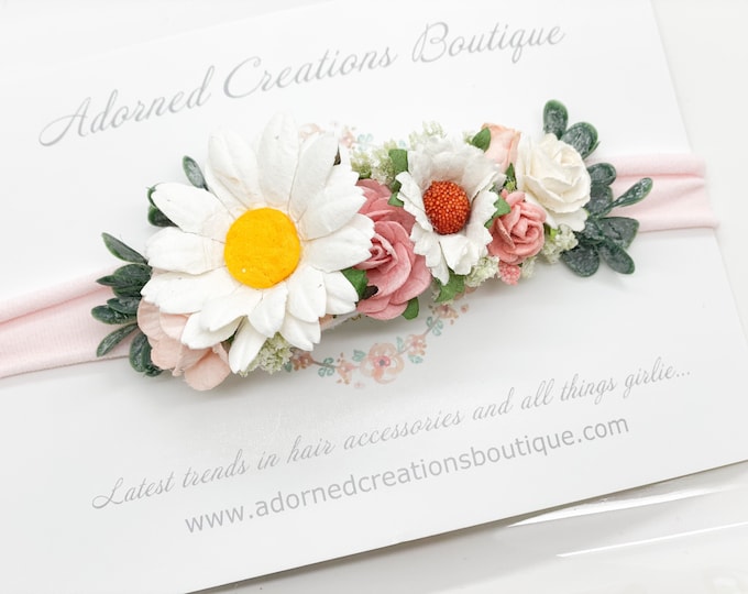 Summer wedding headband,Baby headband, Daisy flower headband, Blush pink headband, Wildflower headband