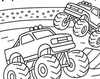 Monster Truck Arena Coloring Page – Kids Jumping Trucks (Instant Download PDF)