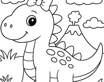Cute Girl Dinosaur Coloring Page with Bow – Kids Printable – Girly Dinosaur Activity – Instant Download PDF