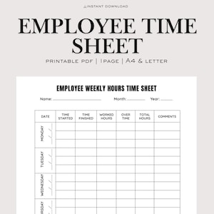 Employee Time Sheet PDF, Weekly Hours Tracker, Printable Work Log, A4 ...