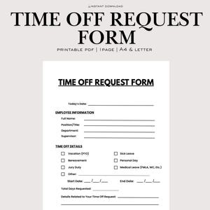 Könnte beinhalten: Ein druckbares PDF-Formular für einen Urlaubsantrag mit dem Text "TIME OFF REQUEST FORM". Das Formular enthält Abschnitte für Mitarbeiterinformationen und Urlaubsdetails mit Kontrollkästchen für verschiedene Urlaubsarten.