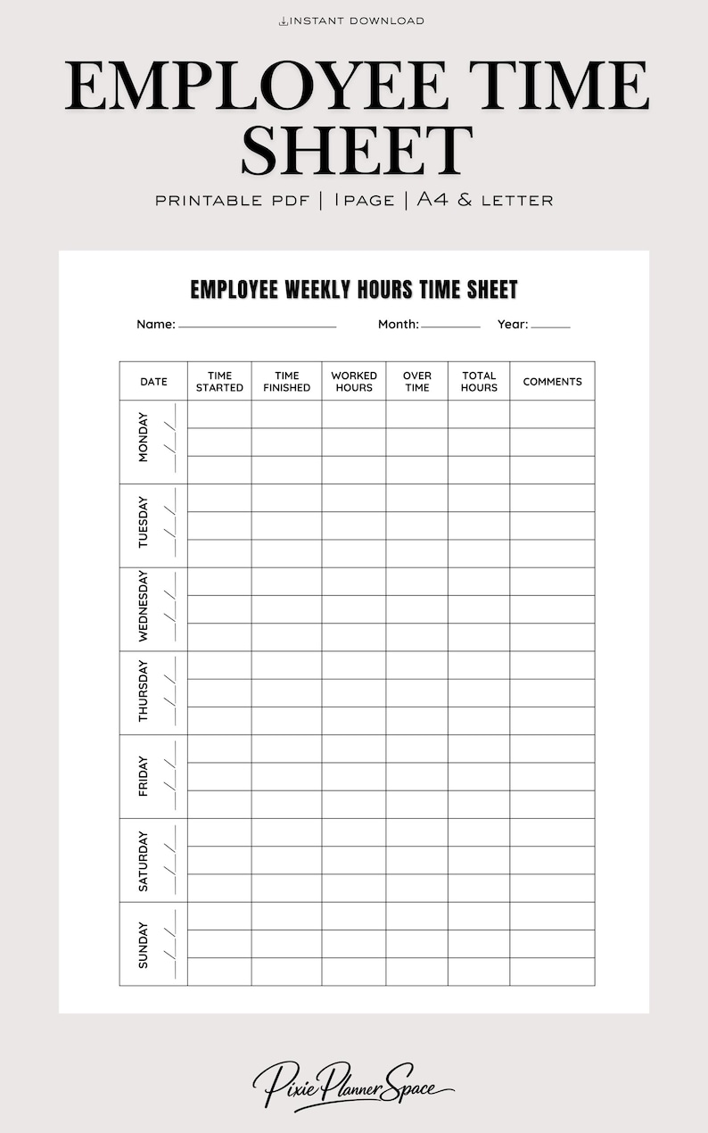 Employee Time Sheet PDF, Weekly Hours Tracker, Printable Work Log, A4 ...