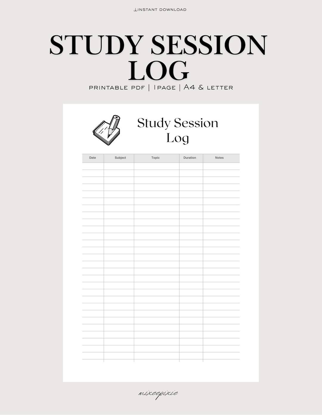 Session Log Logo Study Session Log Printable, Exam Prep School Planner, Minimalist Style ...