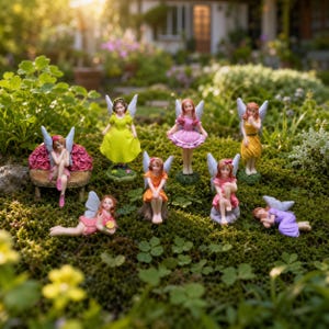 May include: A collection of seven miniature fairy figurines with translucent wings, featuring various poses and colorful dresses in yellow, pink, orange, and purple, arranged on a mossy surface with a small bench covered in pink roses.