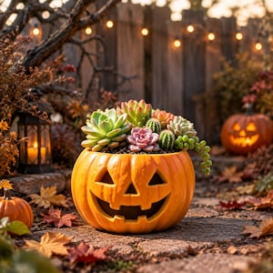 May include: A bright orange ceramic pumpkin planter with a carved jack-o'-lantern face, filled with a variety of green and pink succulents and small cacti, creating a festive autumn arrangement for seasonal home decor.