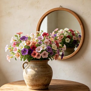 May include: A rustic, beige ceramic vase filled with a vibrant assortment of colorful petunia flowers. The flowers display shades of pink, purple, red, and white. A round wooden mirror hangs in the background, reflecting the flowers.