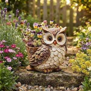 May include: A brown and cream owl-shaped planter featuring detailed feather textures and large eyes. The owl is holding a small container filled with a variety of colorful purple, yellow, and white flowers, creating a decorative garden accent.