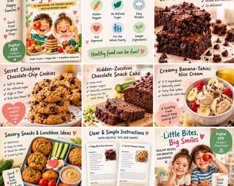May include: A digital PDF cookbook titled Little Bites Big Goodness featuring 20 wholesome recipes for kids. The collage displays images of brownies, chocolate chip cookies, zucchini cake, banana nice cream, and a bento box with lunchbox ideas.