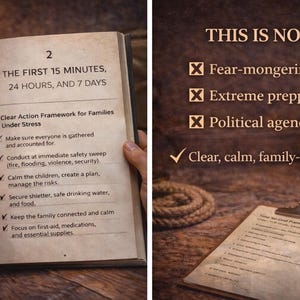 May include: An open book displays a clear action framework for families under stress, with a list of steps. The text includes "The First 15 Minutes, 24 Hours, and 7 Days." A clipboard with a survival guide is also visible.