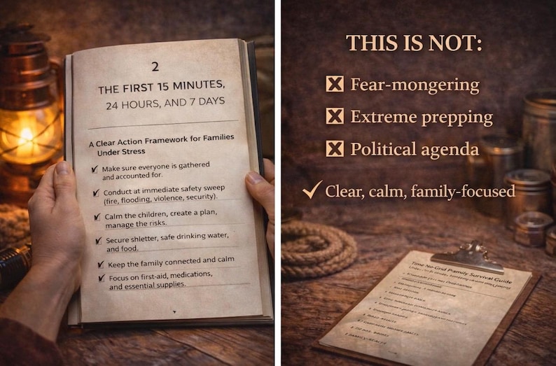 May include: An open book displays a clear action framework for families under stress, with a list of steps. The text includes "The First 15 Minutes, 24 Hours, and 7 Days." A clipboard with a survival guide is also visible.