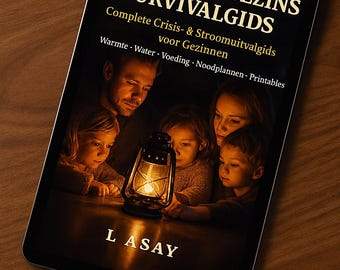 May include: A digital tablet displays the title "NO-GRID GEZINS SURVIVALGIDS" with the subtitle "Complete Crisis- & Stroomuitvalgids voor Gezinnen." The image shows a family gathered around a lantern, with text about warmth, water, food, and printables.