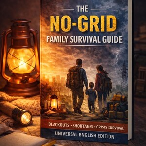Peut inclure: Couverture du livre The No-Grid Family Survival Guide. La couverture montre une famille marchant vers une ligne d'horizon urbaine avec le texte "Blackouts, Shortages, Crisis Survival". Une lanterne et une lampe de poche allumées sont à côté du livre.