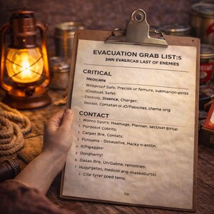 May include: A brown clipboard holding a paper titled Evacuation Grab List: 5 with sections for Critical and Contact information. The text includes lists of items and contacts. The document is presented with the headings Printable Emergency Protocols & Checklists and One-Page Action Plans, Easy to Follow in Crisis, and Works Without Power.