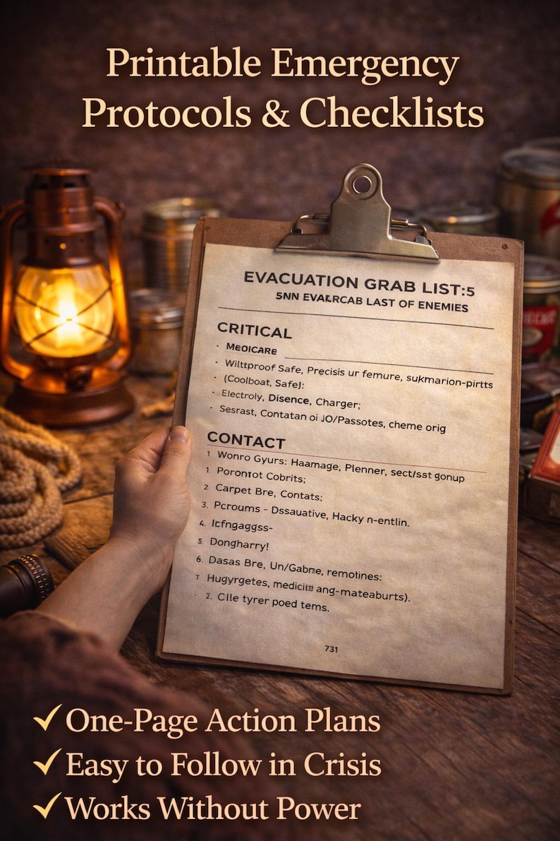 May include: A brown clipboard holding a paper titled Evacuation Grab List: 5 with sections for Critical and Contact information. The text includes lists of items and contacts. The document is presented with the headings Printable Emergency Protocols & Checklists and One-Page Action Plans, Easy to Follow in Crisis, and Works Without Power.