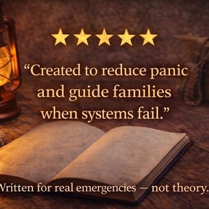 May include: An open book illuminated by a small flashlight and a lit lantern. The text reads, "Created to reduce panic and guide families when systems fail." and "Written for real emergencies - not theory."