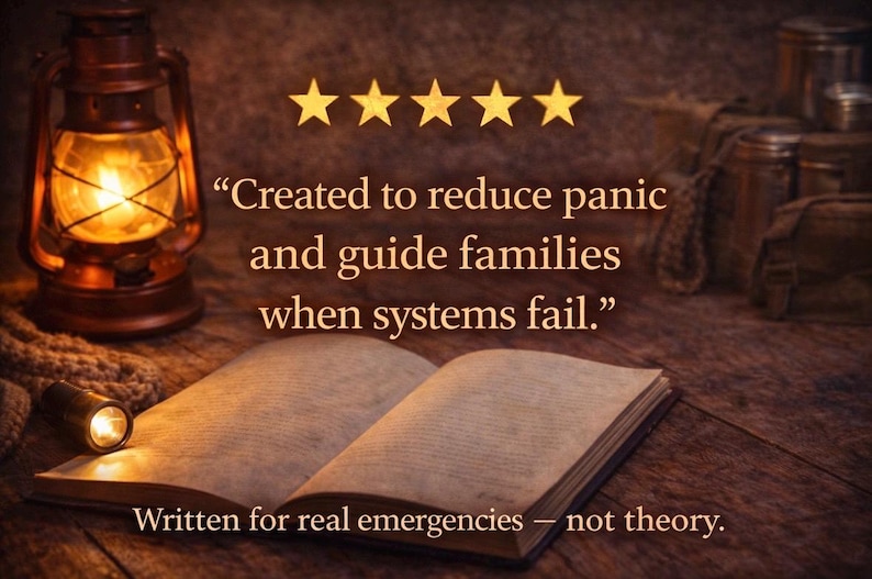 May include: An open book illuminated by a small flashlight and a lit lantern. The text reads, "Created to reduce panic and guide families when systems fail." and "Written for real emergencies - not theory."