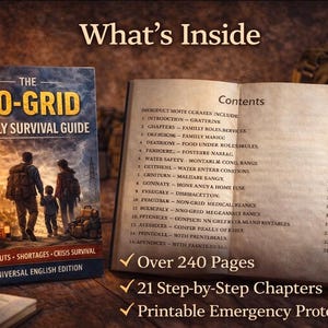 May include: The No-Grid Family Survival Guide book, Universal English Edition, displayed open with contents and a cover showing a family walking toward a city. Includes over 240 pages, 21 chapters, and printable emergency protocols.