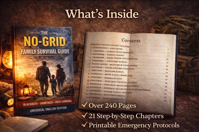 May include: The No-Grid Family Survival Guide book, Universal English Edition, displayed open with contents and a cover showing a family walking toward a city. Includes over 240 pages, 21 chapters, and printable emergency protocols.