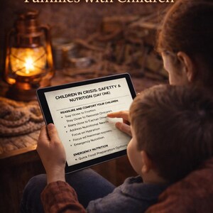 May include: Image of a tablet displaying text about children's safety and nutrition during a crisis. The text includes instructions on how to reassure and comfort children. The image also includes the text "Designed for Families with Children" and "Safety, Stability, Emotional control."