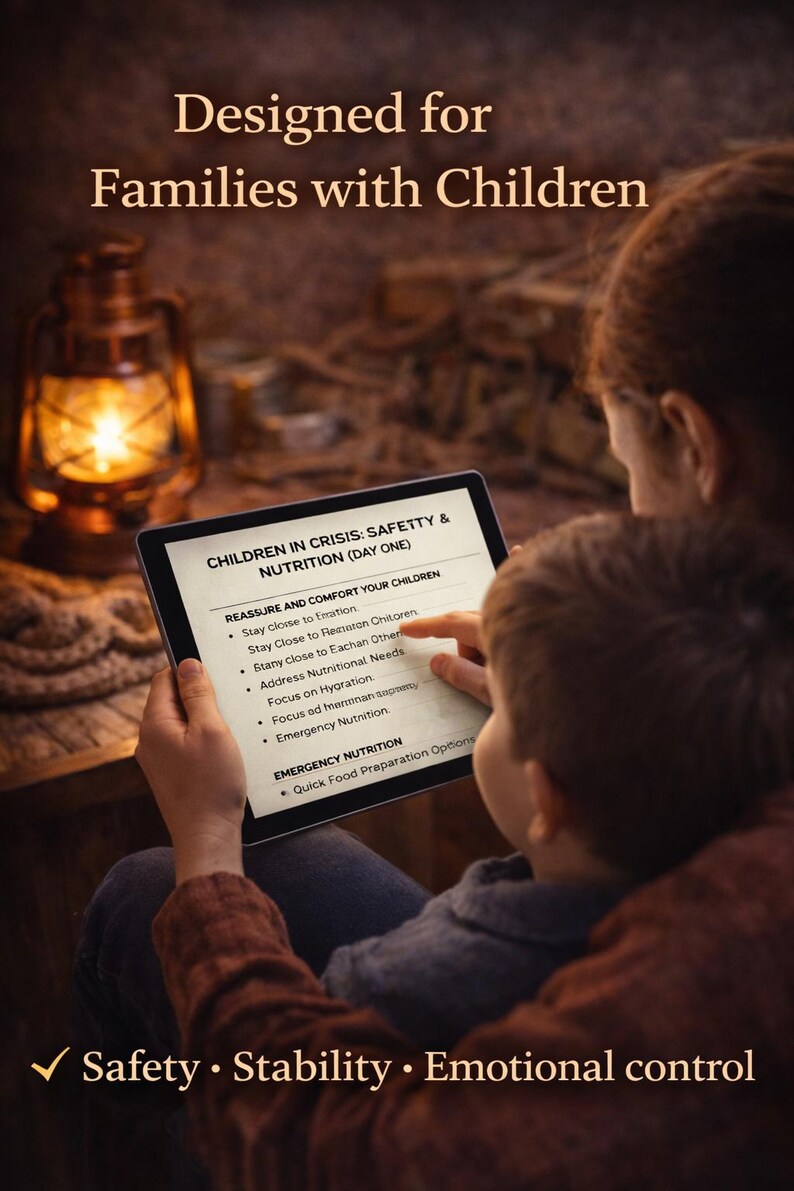 May include: Image of a tablet displaying text about children's safety and nutrition during a crisis. The text includes instructions on how to reassure and comfort children. The image also includes the text "Designed for Families with Children" and "Safety, Stability, Emotional control."